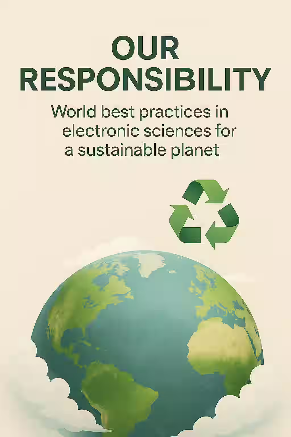 A digital graphic titled “OUR RESPONSIBILITY” featuring a green planet surrounded by electronic circuits, symbolizing sustainability, global ethics, and best practices in electronics engineering.