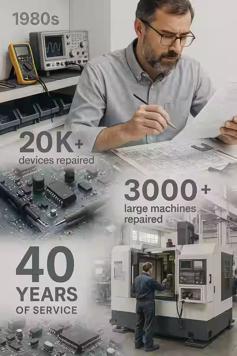 A photographic collage showing 40 years of professional electronics service — featuring circuit boards, engineering schematics, industrial machinery, and repair work statistics.