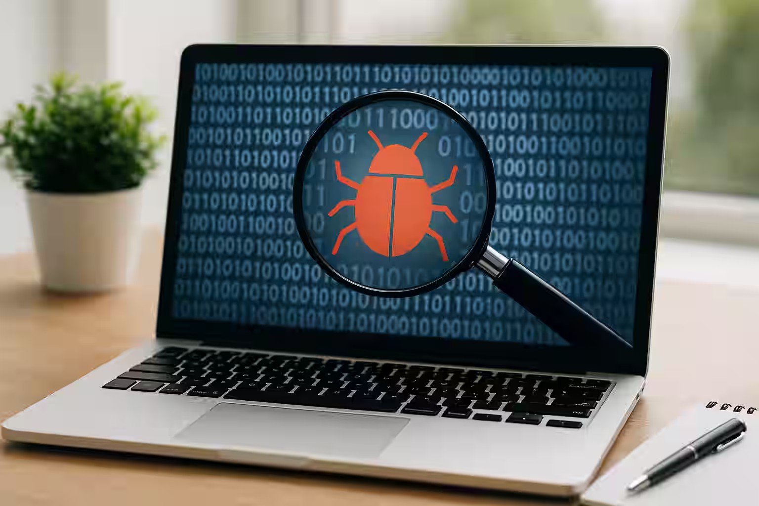 A digital photograph displays a laptop with its screen showing error logs and debugging tools, representing the process of identifying and reporting technical issues in a professional environment.