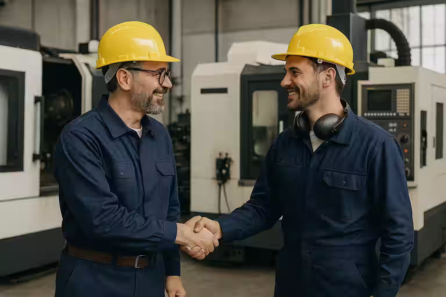 A photograph depicts two industrial workers with laptops standing outside a modern electronics facility — symbolizing local ownership, operational alignment, and the professional franchise model of iESN.