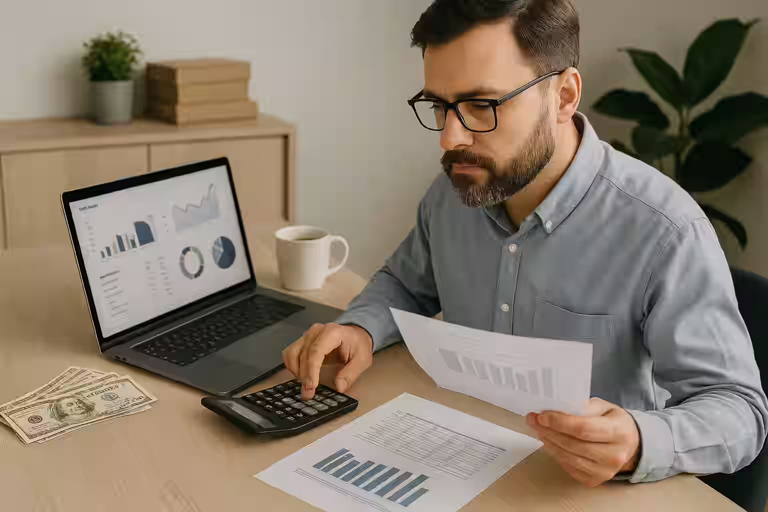 A photograph of a focused electronics professional reviewing financial notes and technical schematics in a modest workspace — symbolizing self-reliance and bootstrapped innovation.