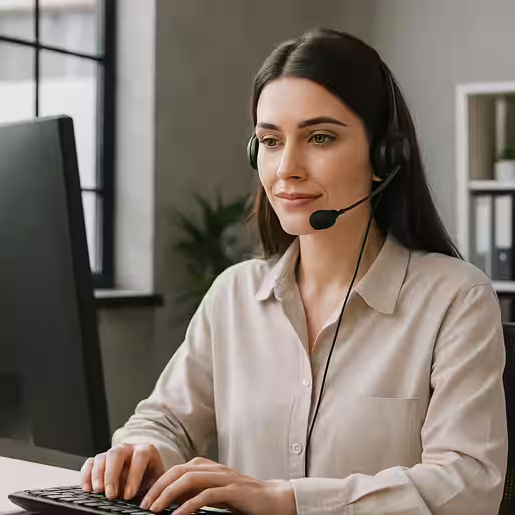 A professional young woman with long dark hair wearing a beige blouse and a black headset is sitting at a desk, typing on a keyboard while looking at a computer monitor in a modern office environment.