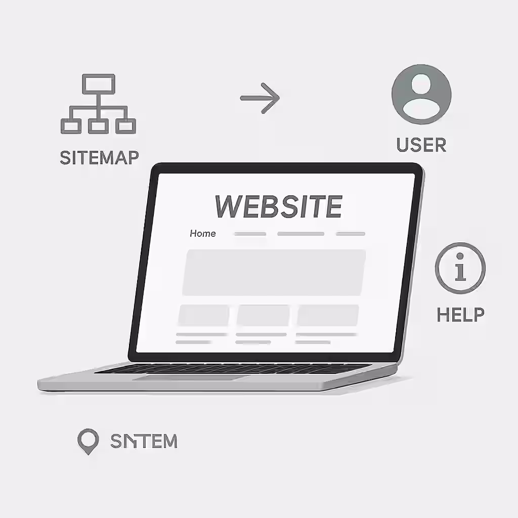 Laptop displaying a website layout, surrounded by icons for sitemap, help, and user tools on a gray background.